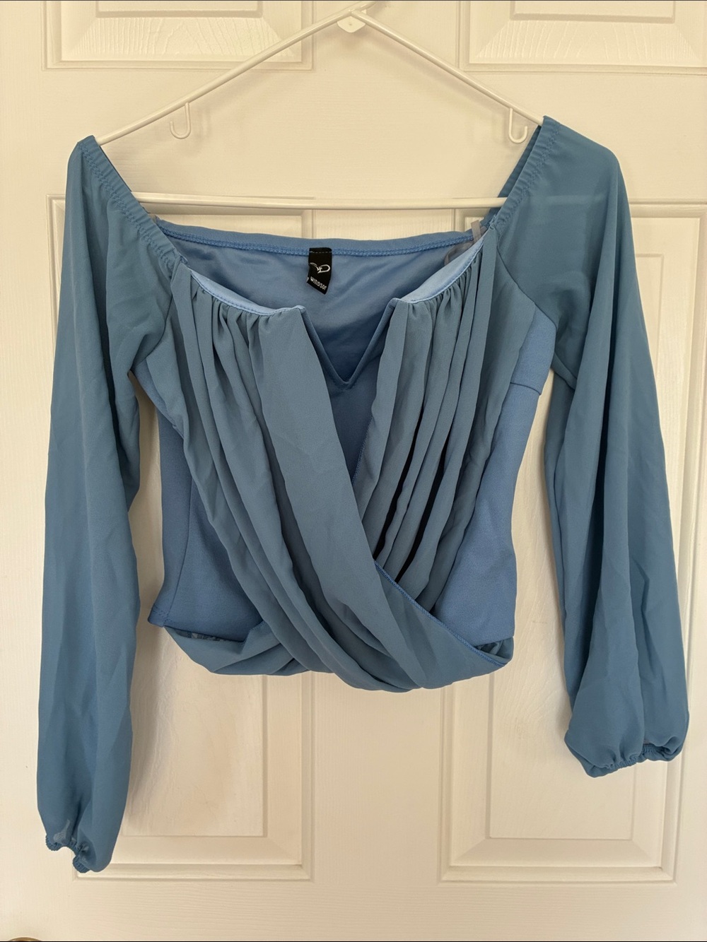 Windsor Light Blue Pleated Off-Shoulder Long Sleeve Top